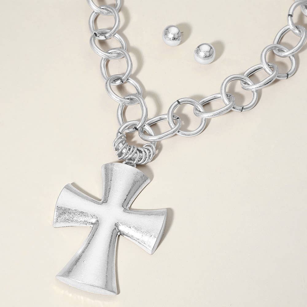 Chunky Matte Metal Cross Pendant Pointed Chain Necklace