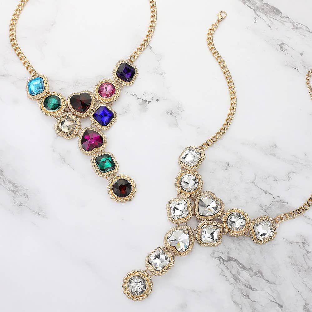 Heart Round Square Stone Cluster Link Y Shaped Necklace