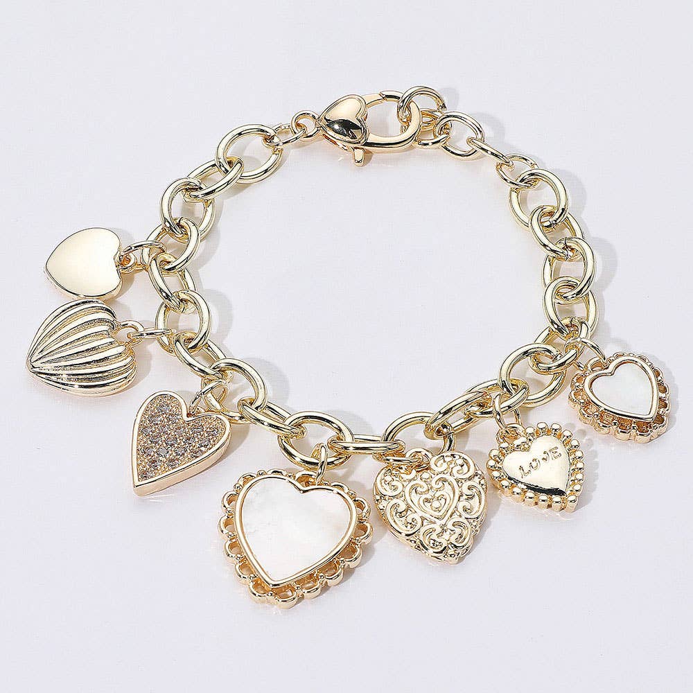 14K Gold Plated CZ Mother of Pearl Heart Charm Bracelet