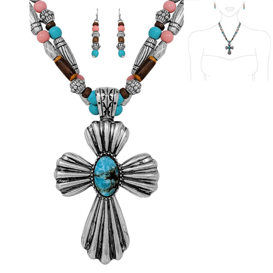 Western Cross Beaded Necklace and Earrings Set