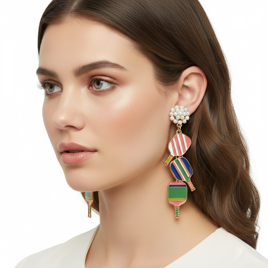 Pickleball Triple Linked Pearl Cluster Earrings