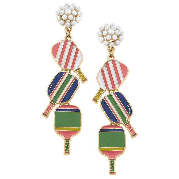 Pickleball Triple Linked Pearl Cluster Earrings