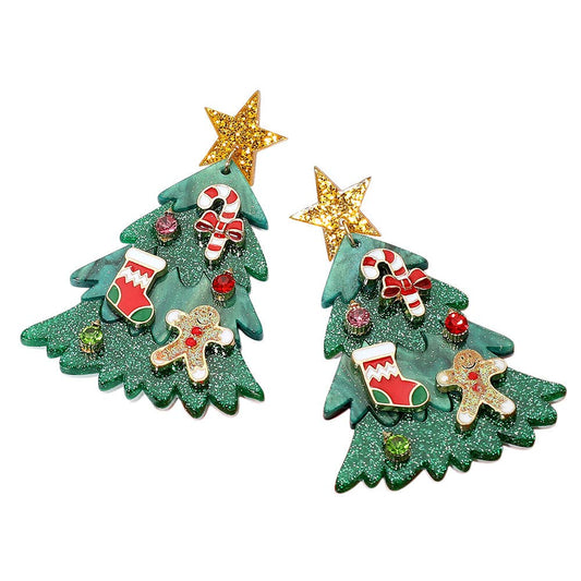 Festive Christmas Tree Earrings Holiday Jewelry Gingerbread Candy Cane Stocking – Resin 1.75" x 2.6" Post Back