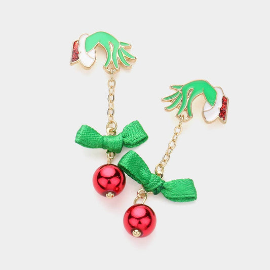 Grinch Hand Christmas Dangle Earrings – Red Ornament & Green Bow Holiday Jewelry