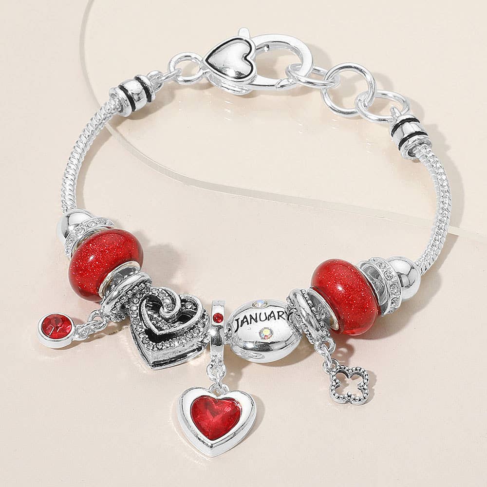 Birthstone Heart Charm Multi Beaded Bracelet