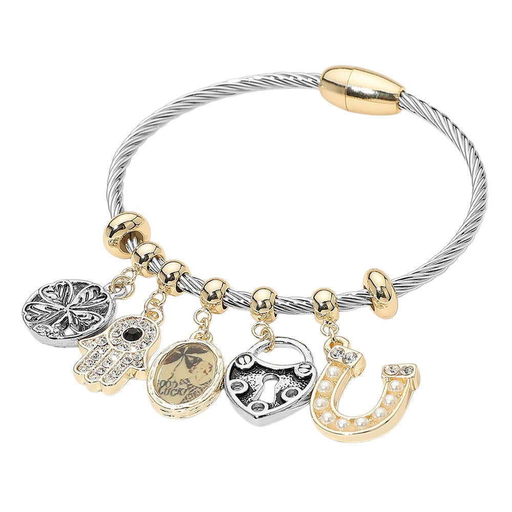 Two Tone Metal Lucky Charms Hamsa Evil Eye Charm Beaded Cable Magnetic Bracelet