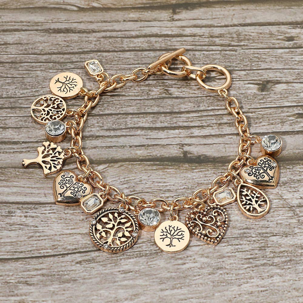 Tree of Life Charm Bracelet – Gold Tone, Toggle Closure, Bezel Stones