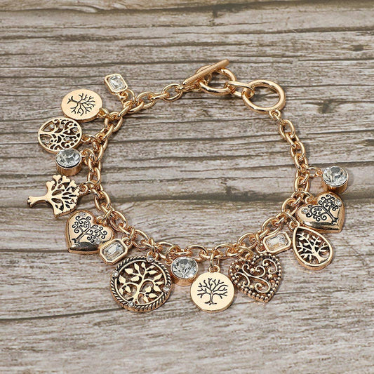 Tree of Life Charm Bracelet – Gold Tone, Toggle Closure, Bezel Stones
