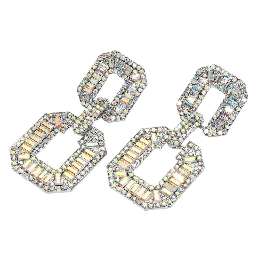 Bold Geometric Baguette Stone Embellished Doorknocker Evening Earrings