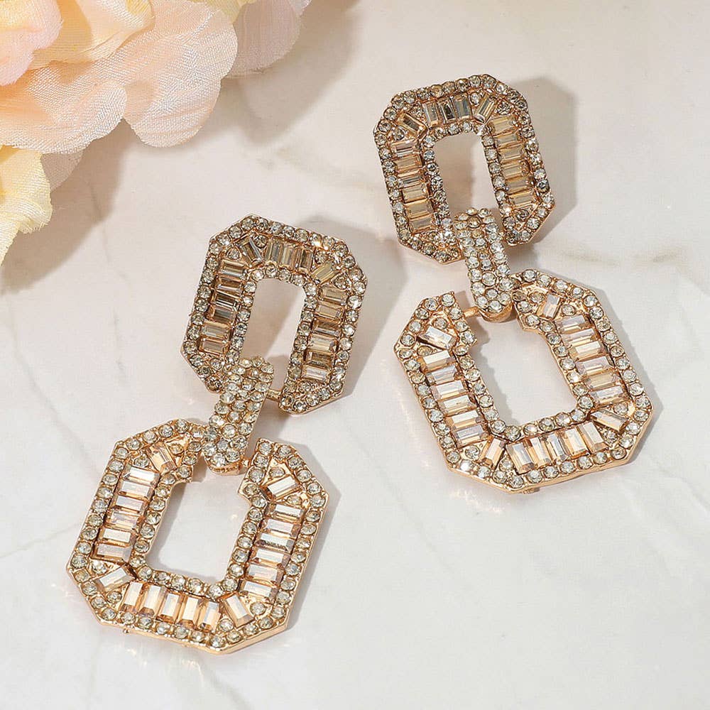 Bold Geometric Baguette Stone Embellished Doorknocker Evening Earrings