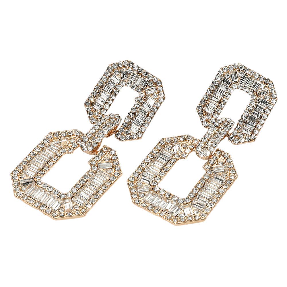 Bold Geometric Baguette Stone Embellished Doorknocker Evening Earrings