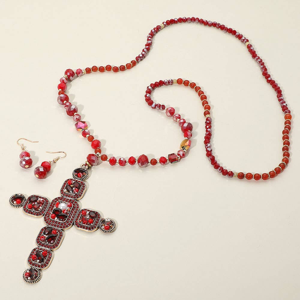 Beaded Cross Pendant Necklace & Earrings Set 37" Long Statement Jewelry