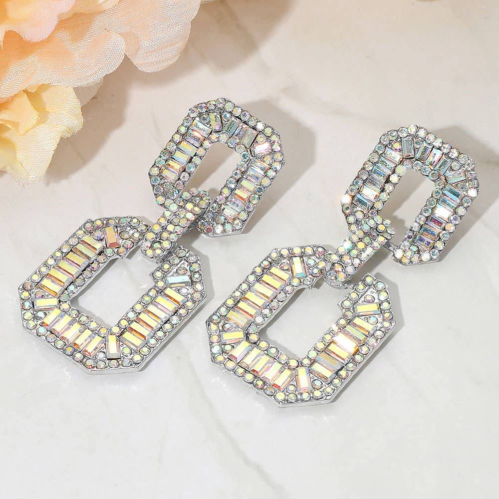 Bold Geometric Baguette Stone Embellished Doorknocker Evening Earrings