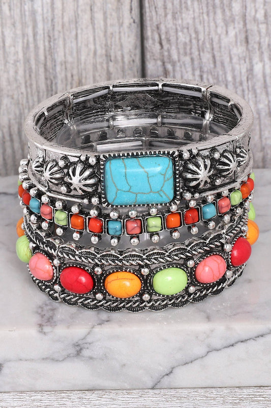Multicolor Semi Stone Embellished Wide Bangle Bracelet