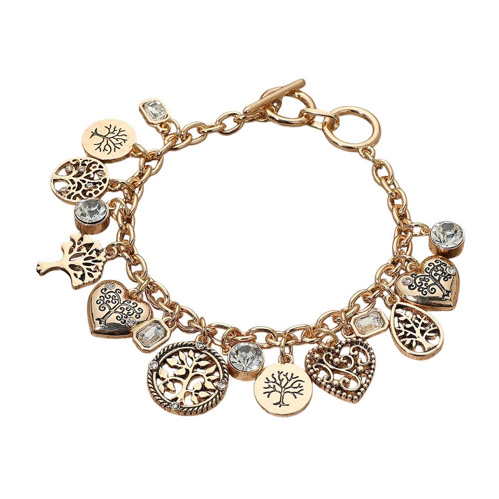 Tree of Life Charm Bracelet – Gold Tone, Toggle Closure, Bezel Stones