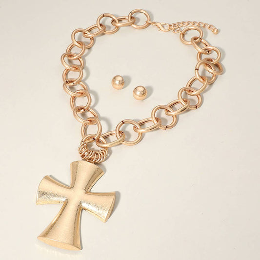 Chunky Matte Metal Cross Pendant Pointed Chain Necklace
