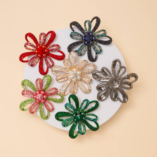 Crystal Rhinestone Floral Brooch Pin | 3” Statement Flower | Multiple Colors