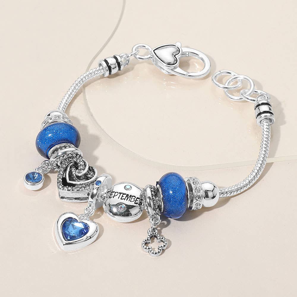 Birthstone Heart Charm Multi Beaded Bracelet