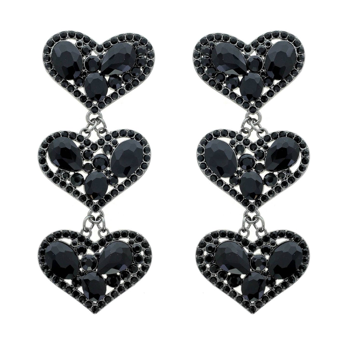 Rhinestone Embellished Triple Heart Dangle Earrings