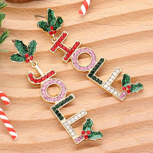Festive Holly Jolly Message Dangle Earrings – Pave Crystal Holiday Christmas Jewelry, 2.75” Long