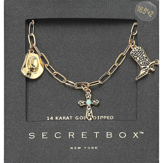 SECRET BOX 14K Gold Dipped Western Hat Boot Cross Turquoise Heart Stone Charm Station Paperclip Chain Necklace