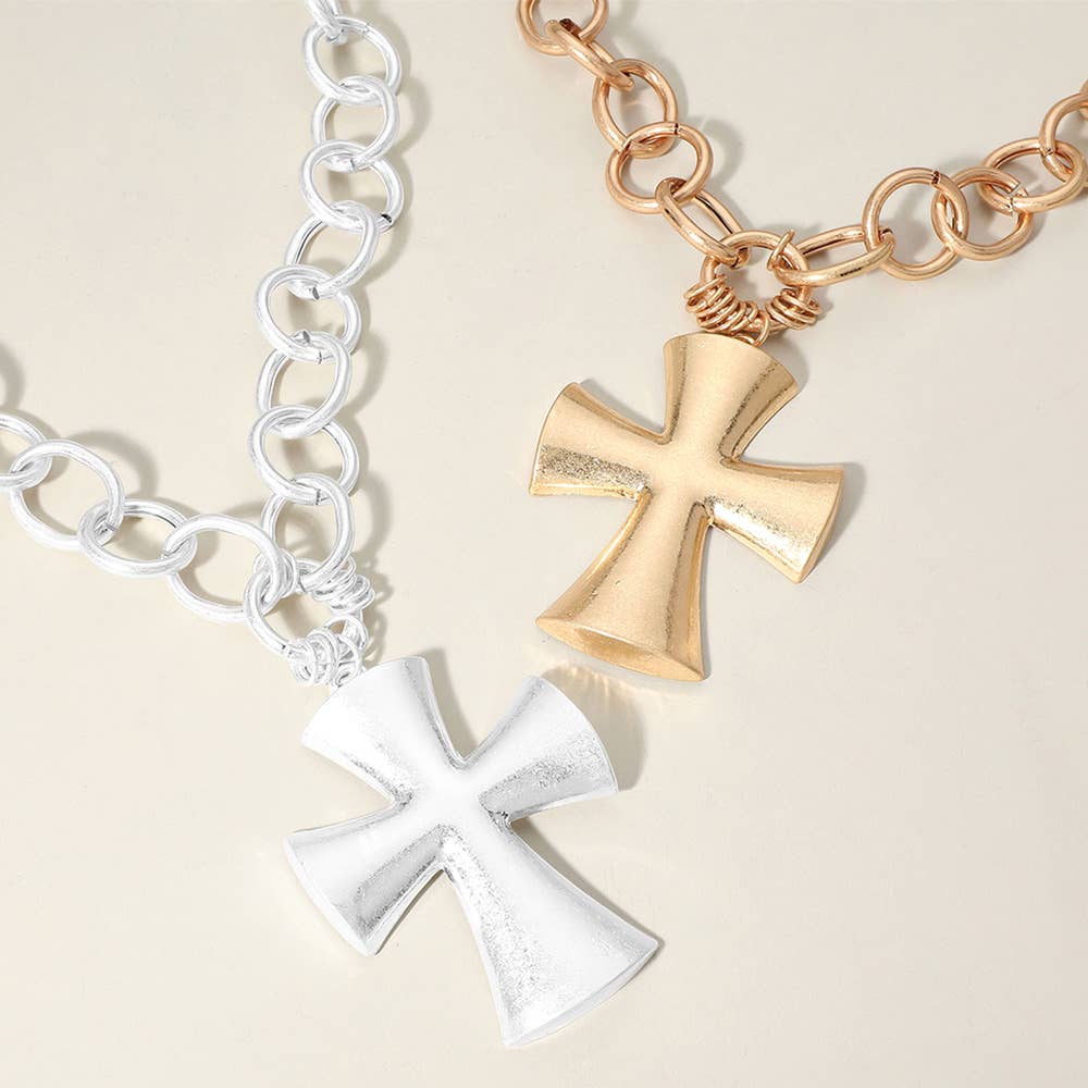 Chunky Matte Metal Cross Pendant Pointed Chain Necklace
