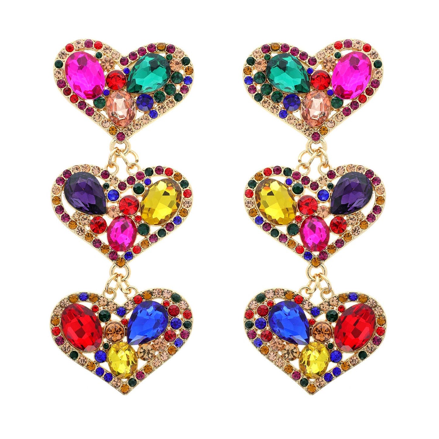 Rhinestone Embellished Triple Heart Dangle Earrings