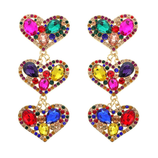 Rhinestone Embellished Triple Heart Dangle Earrings