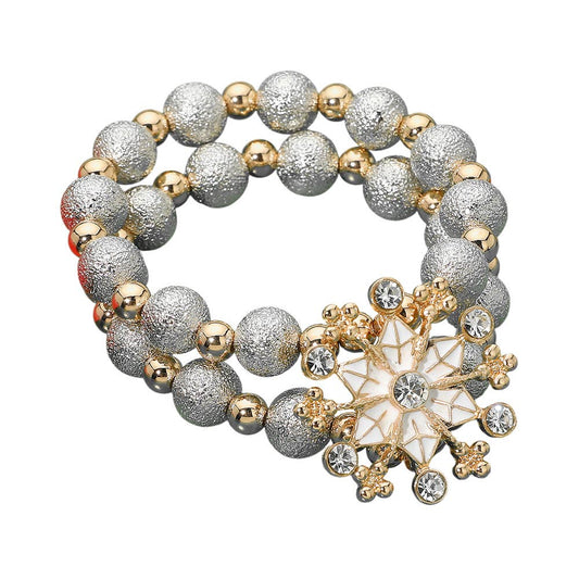 Snowflake Accent Glitter Ball Beaded Stretch Multi Layered Bracelets - 2 PC