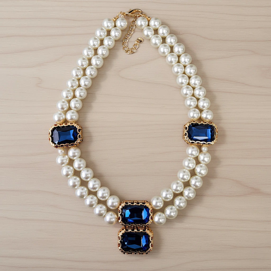 Ivory Pearl Double Strand Necklace with Sapphire Blue Crystal Accents – 14K Gold Plated Clasp (18" + 3" Extender)