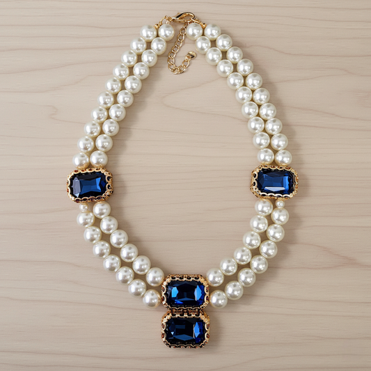 Ivory Pearl Double Strand Necklace with Sapphire Blue Crystal Accents – 14K Gold Plated Clasp (18" + 3" Extender)