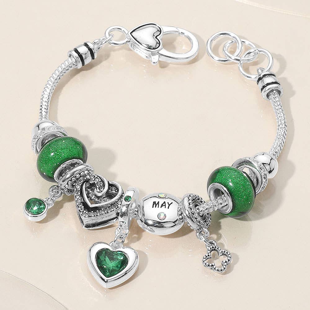 Birthstone Heart Charm Multi Beaded Bracelet