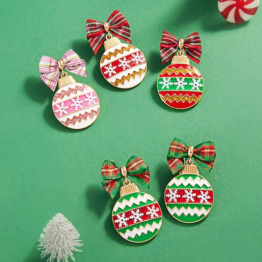Bow Pointed Enamel Christmas Ornament Dangle Earrings
