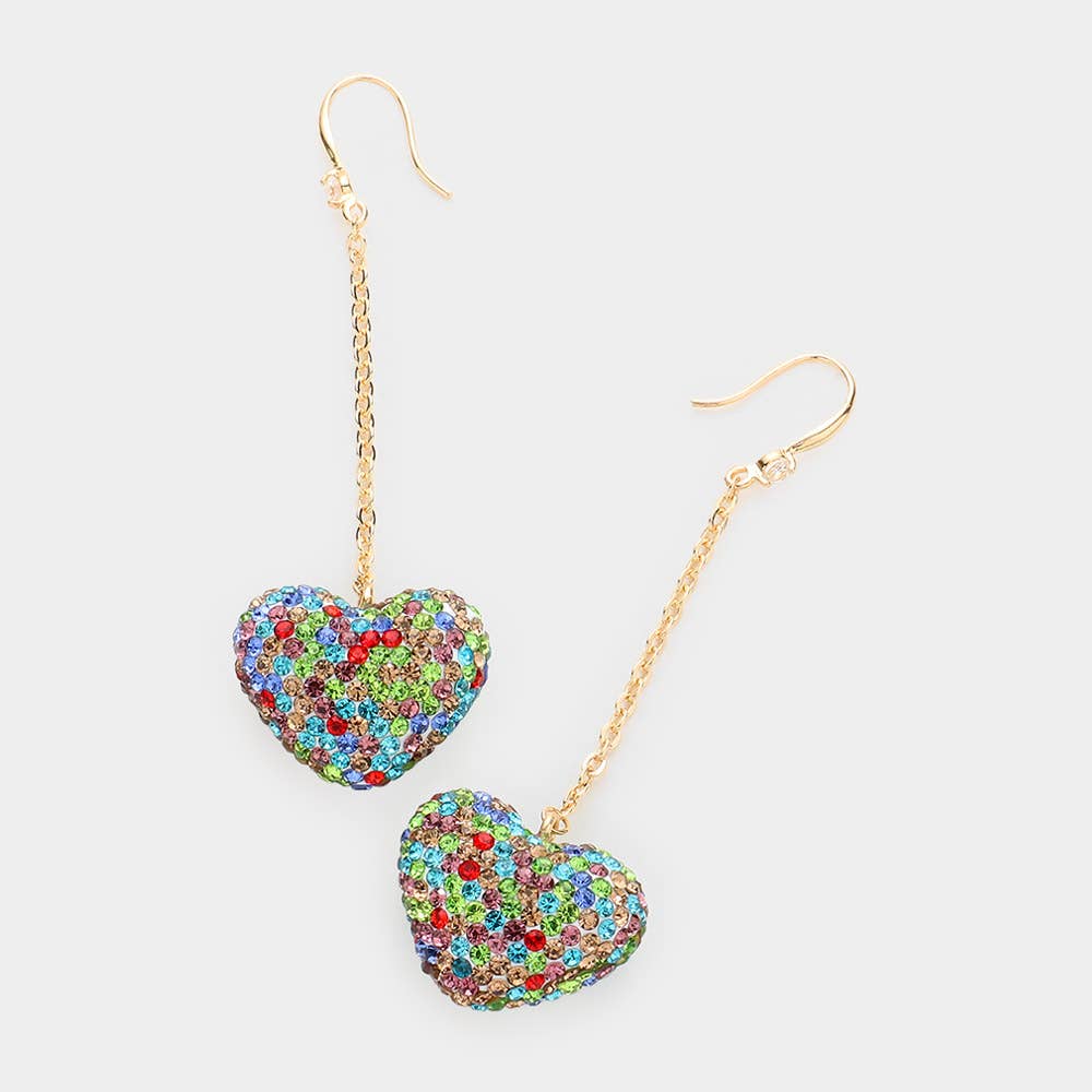 Multicolor Crystal Heart Dangle Earrings – Gold Chain Drop, 2" Fish Hook Closure