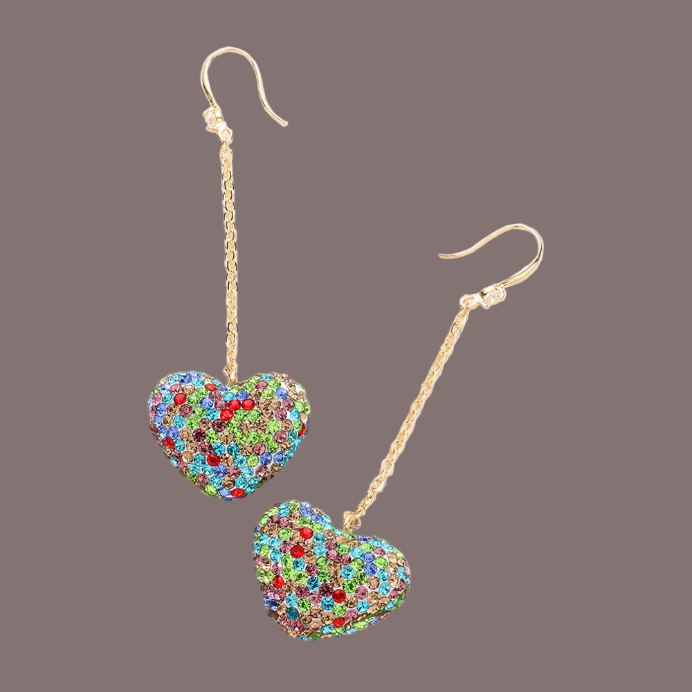 Multicolor Crystal Heart Dangle Earrings – Gold Chain Drop, 2" Fish Hook Closure