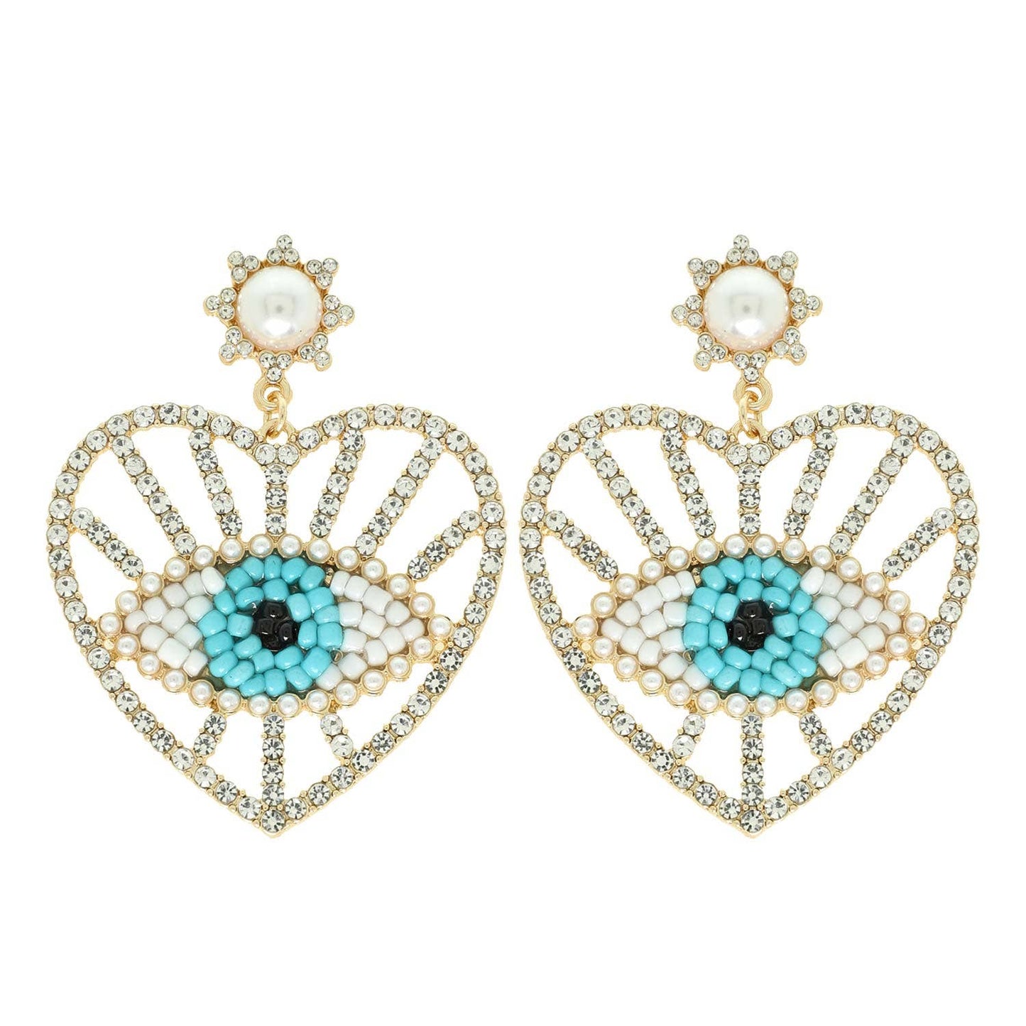 Evil Eye Heart Beaded Statement Earrings – Protective Boho Dangle Jewelry