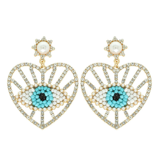 Evil Eye Heart Beaded Statement Earrings – Protective Boho Dangle Jewelry