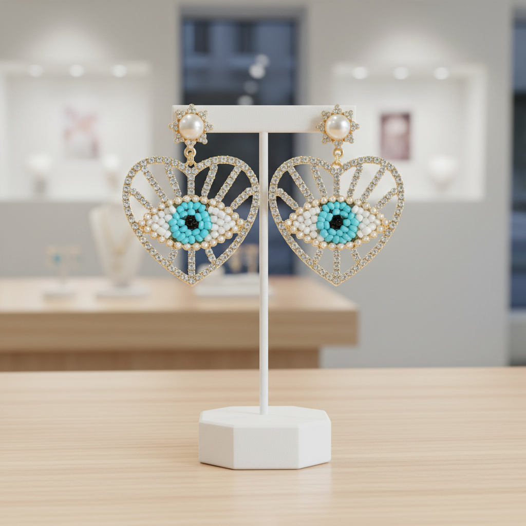 Evil Eye Heart Beaded Statement Earrings – Protective Boho Dangle Jewelry