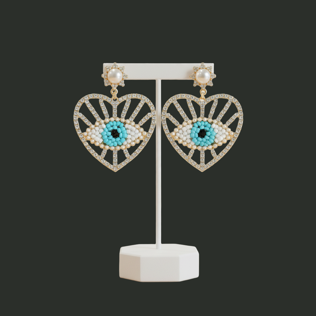 Evil Eye Heart Beaded Statement Earrings – Protective Boho Dangle Jewelry