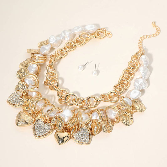Chunky Heart Charm Embellished Pearl Beaded Layered Necklace