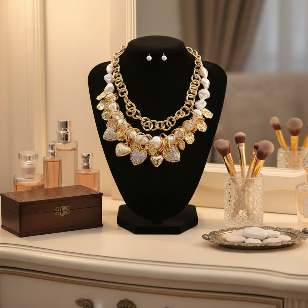 Chunky Heart Charm Embellished Pearl Beaded Layered Necklace