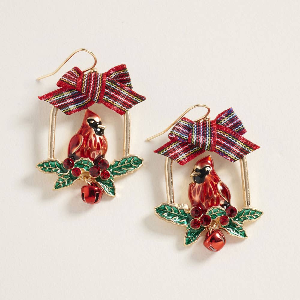 Bow Accent Holiday Cardinal Bell Dangle Earrings