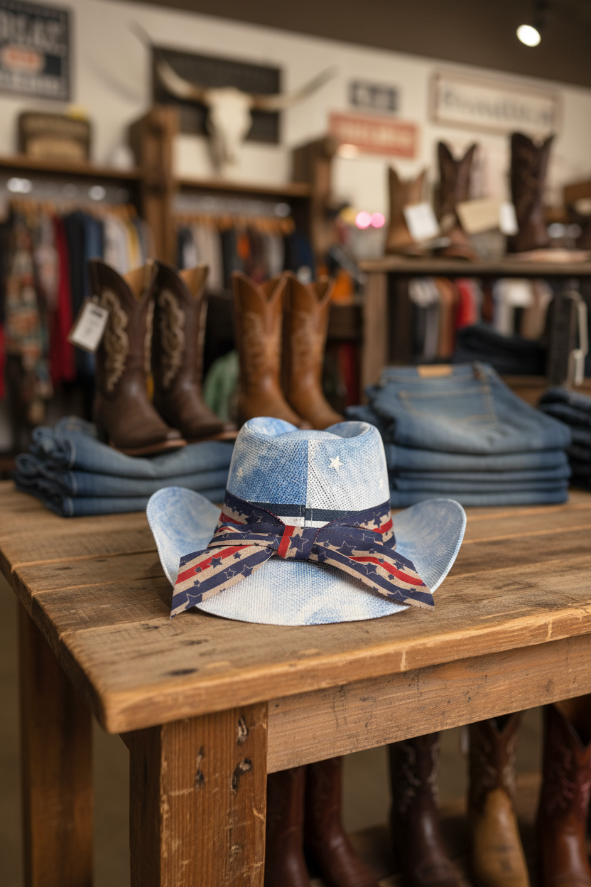 Denim hat with a Union Jack design on a wooden table with boots and clothing in a country western store in the background.