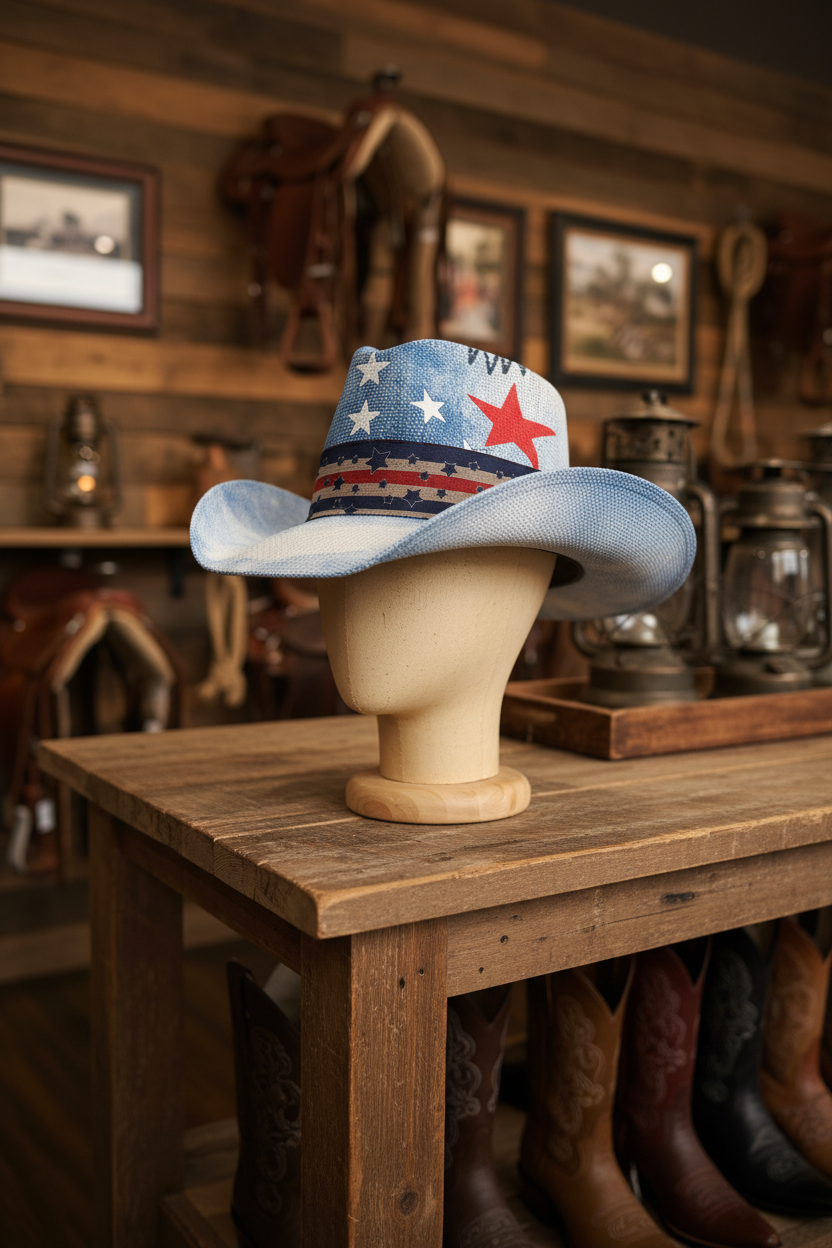 Cowboy hat with American flag design on a mannequin head, set against a rustic background with country western wear, boots and decor.
