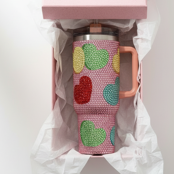 Bling Studded Heart Pattern 40oz Stainless Steel Tumbler with Handle