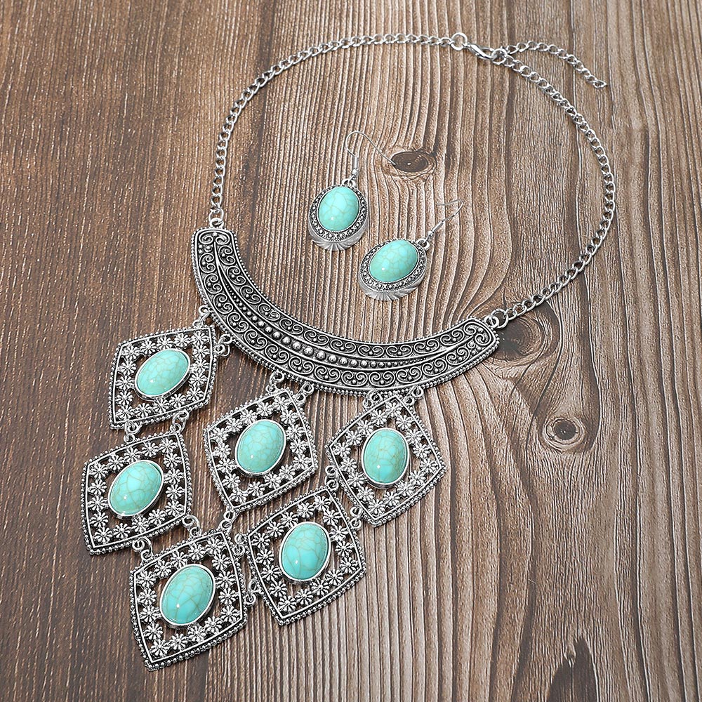 Bold Boho Vintage Inspired Oval Stone Statement Necklace Set