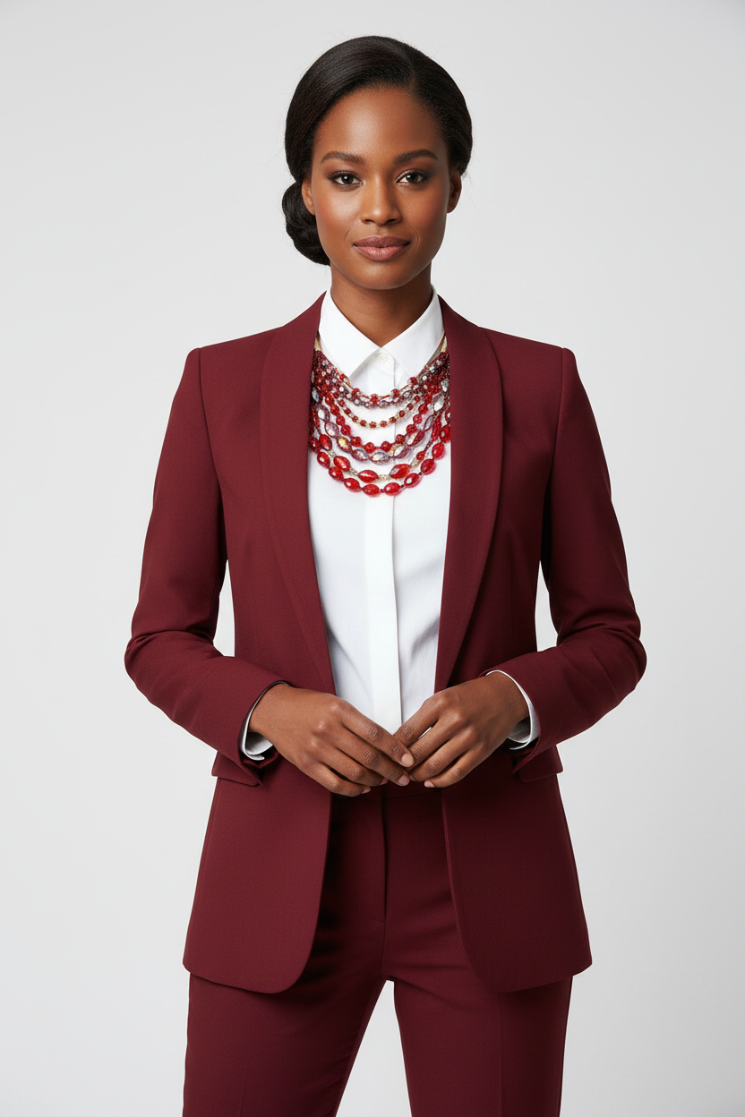 Woman wearing a burgundy suit with a white shirt and red necklace on a white background