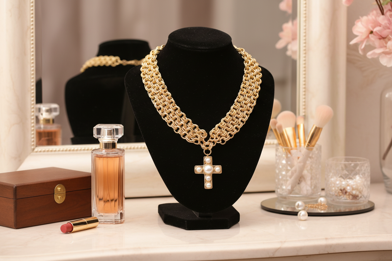 This statement chain necklace features an intricate multi-link design adorned with a striking cross pendant embellished with lustrous pearls. 