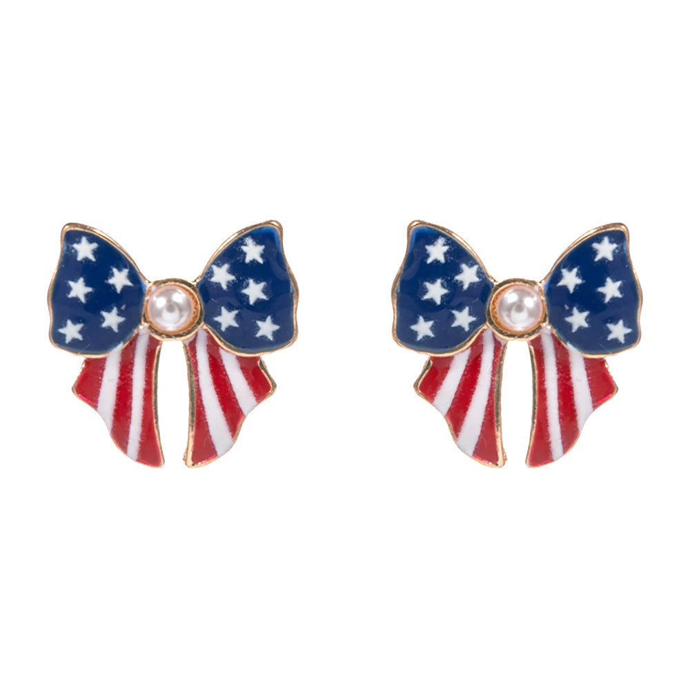 Bow-shaped earrings with American flag design on a white background
