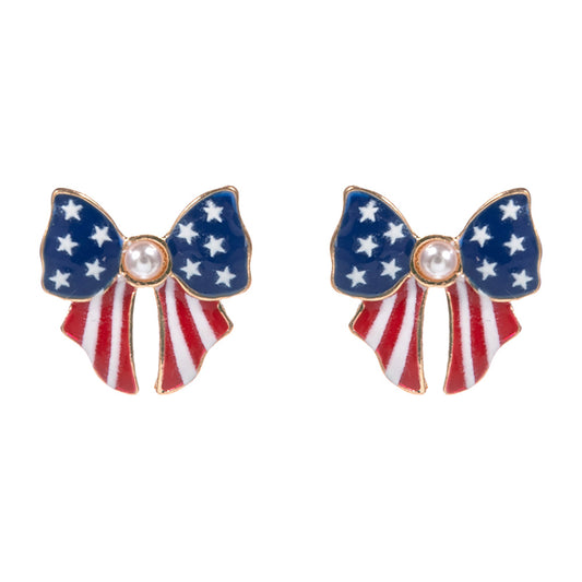 Bow-shaped earrings with American flag design on a white background